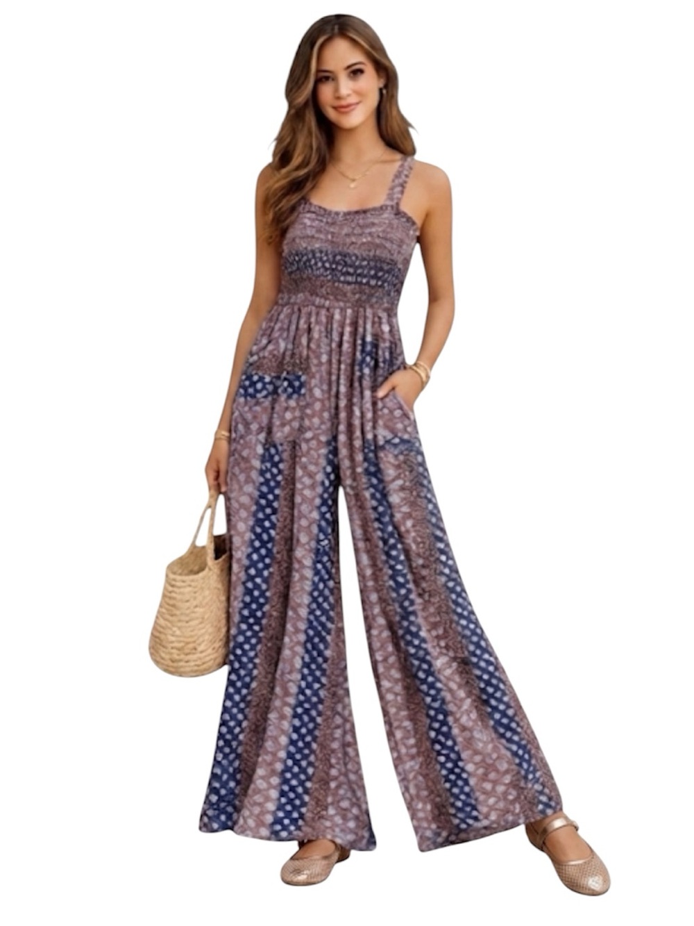 Bucket List Smocked Wide-Leg Jumpsuit in Navy and Mauve Multi Color Size: Small